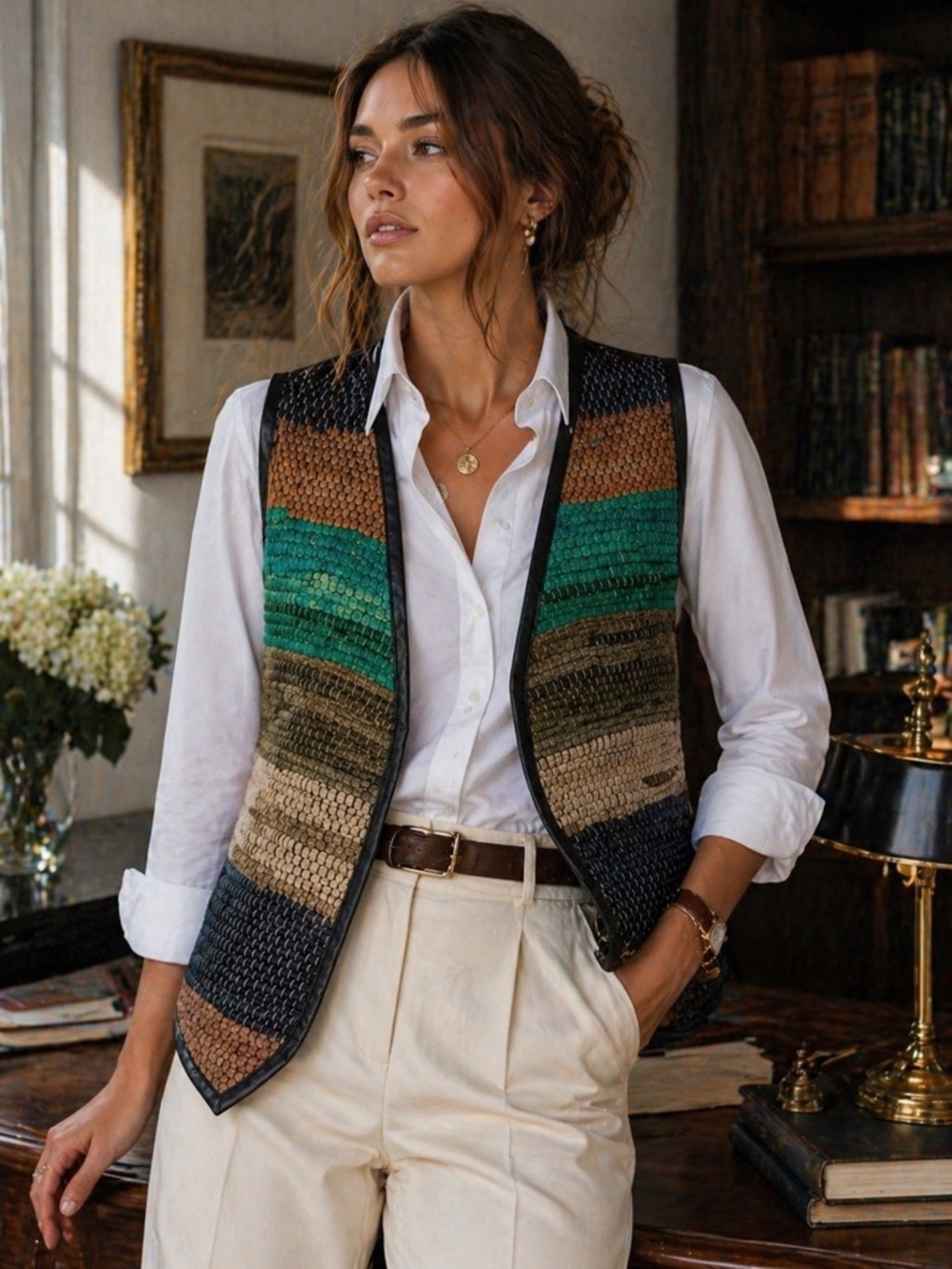 Rare Find-Vintage Escceptional Handwoven Open Leather Vest w/ Cinch Tie Back, S